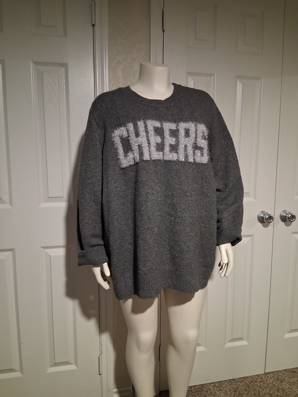 Terra & Sky Gray Crewneck Sweater with White 'CHEERS' Graphic
